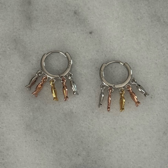 Modest Lu Jewelry - Sterling Silver Two Tone Fish Charm Dangle Fringe Hoop Earrings 

Brand New